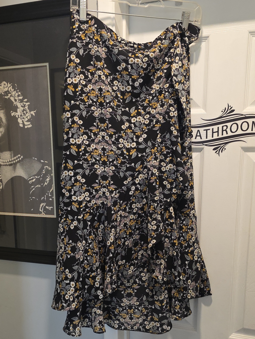 Max Studio Black Floral High-Low Skirt with White & Mustard Blooms